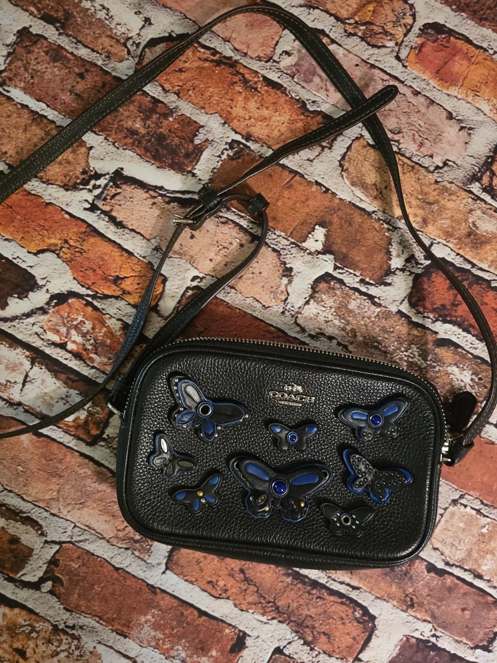 COACH Black Leather Crossbody with Blue Butterfly Appliqués F59070